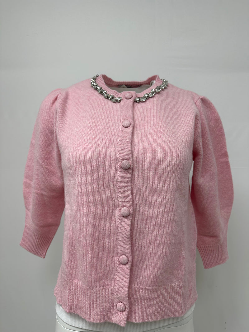 Autumn Cashmere Rhinestone Trimmed Puff Sleeve Cardigan