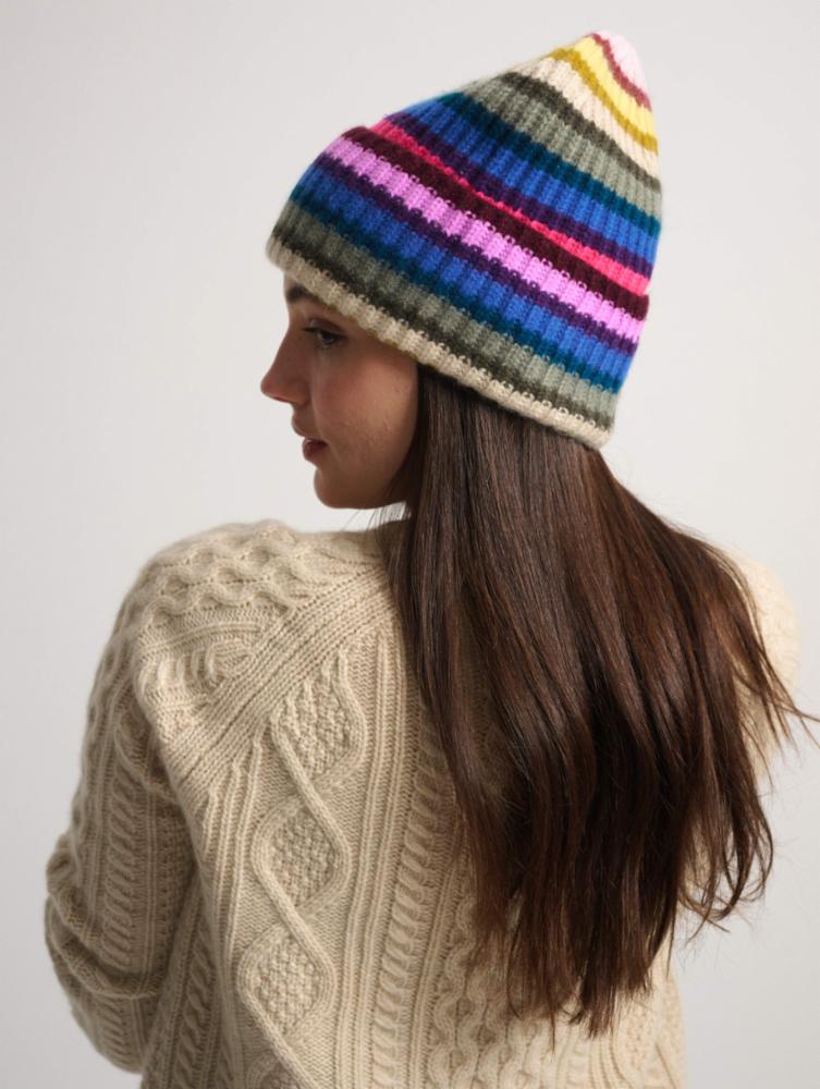 White + Warren Cashmere Luxe Striped Ribbed Beanie