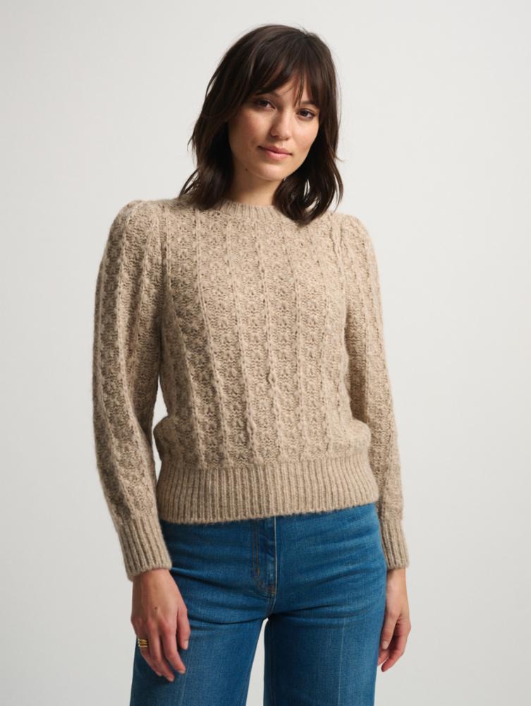 White + Warren Plush Alpaca Blend Pointelle Puff Sleeve Crewneck