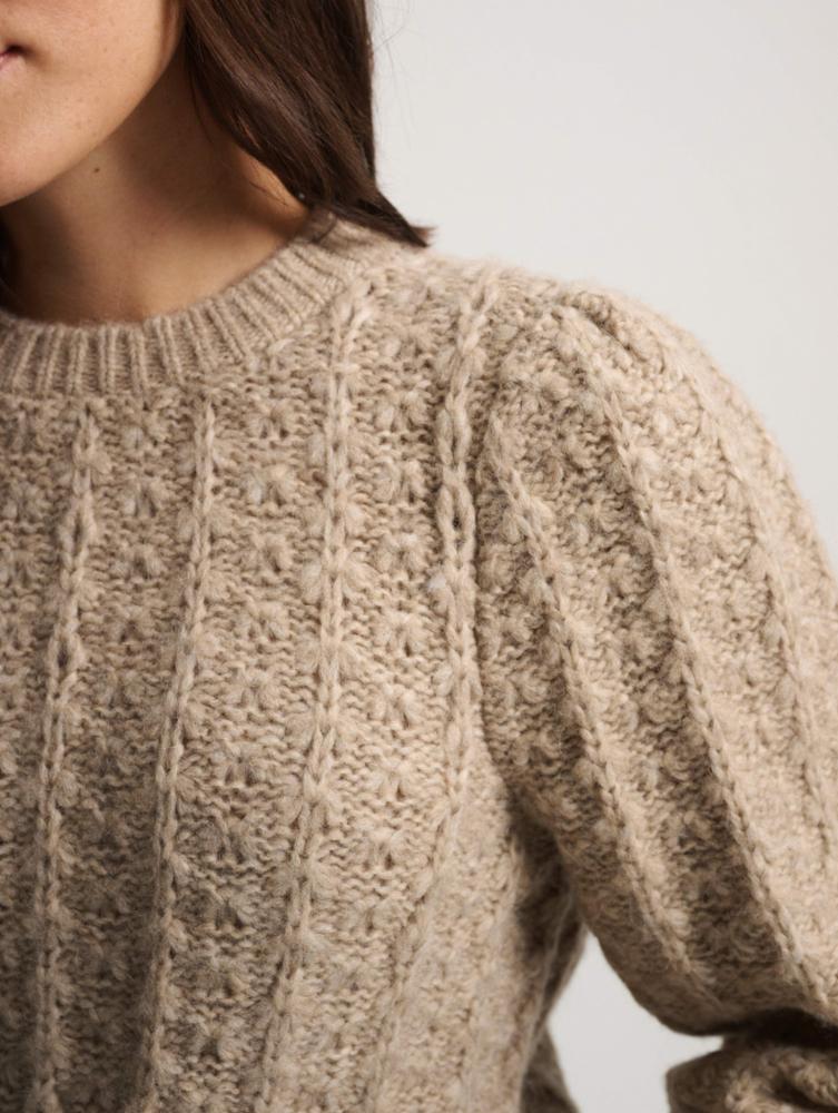 White + Warren Plush Alpaca Blend Pointelle Puff Sleeve Crewneck