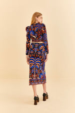 Farm Rio Nature Beauty Blue Scarf Knit Midi Skirt
