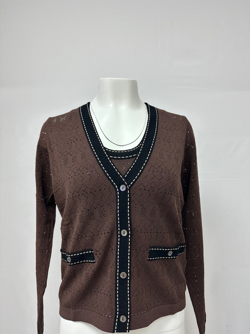 Autumn Cashmere Pointelle VNeck Cardigan with Saddle Stitching