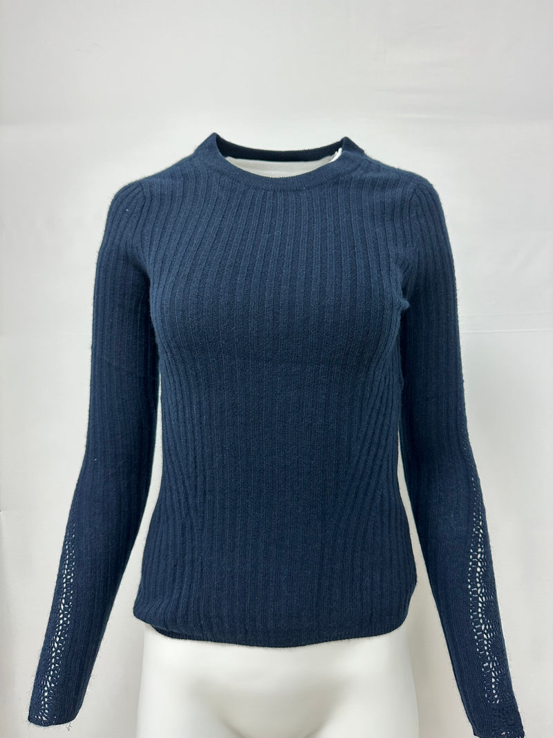 Autumn Cashmere Rib Crew w/ Hand Crochet Sleeve Insert