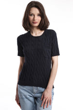 MinnieRose Cotton Frayed Cable Short Sleeve Tee with Pocket