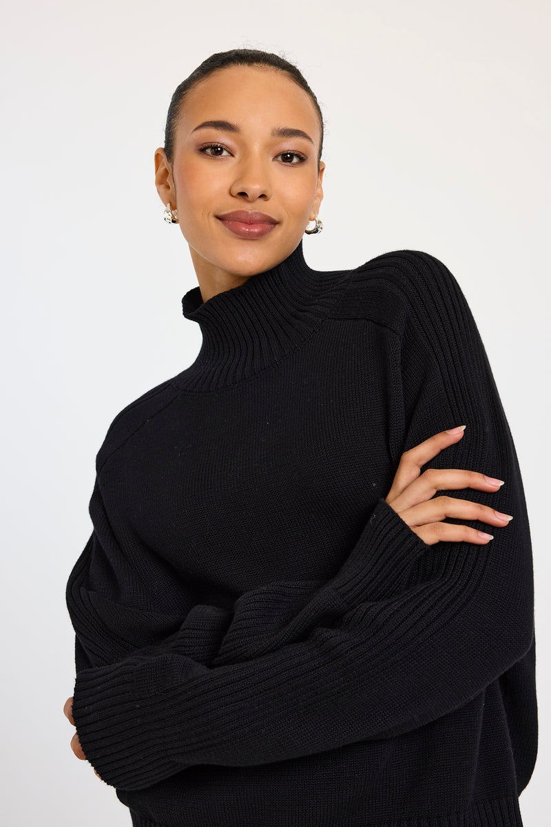 BRODIE Rib Detail High Neck Sweater