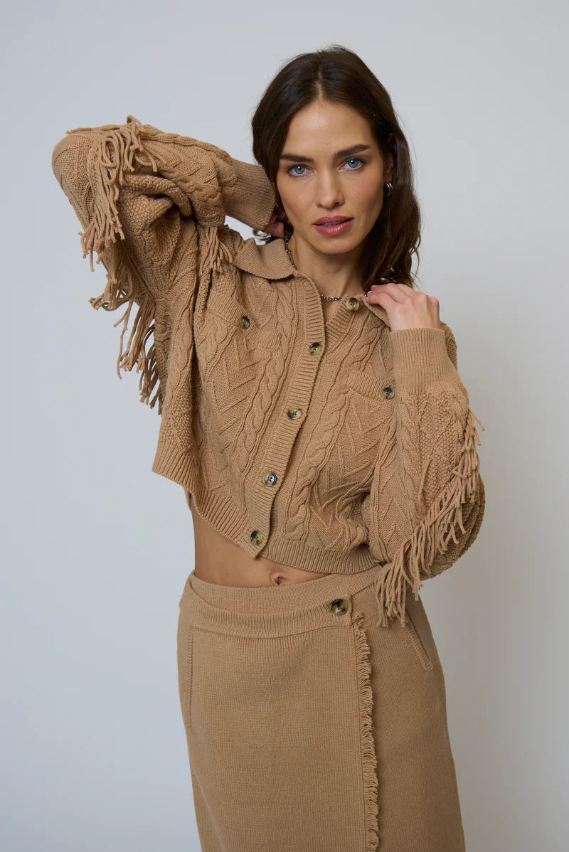 Central Park West Elyse Cabled Fringe Sweater Cardigan