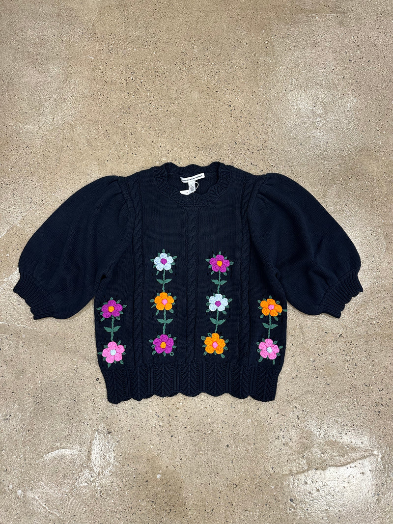 Autumn Cashmere Puff Sleeve Crew With Flower Embroidery