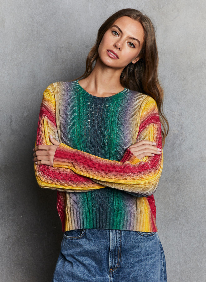 Autumn Cashmere Gradient Stripe Cabled Crewneck Sweater