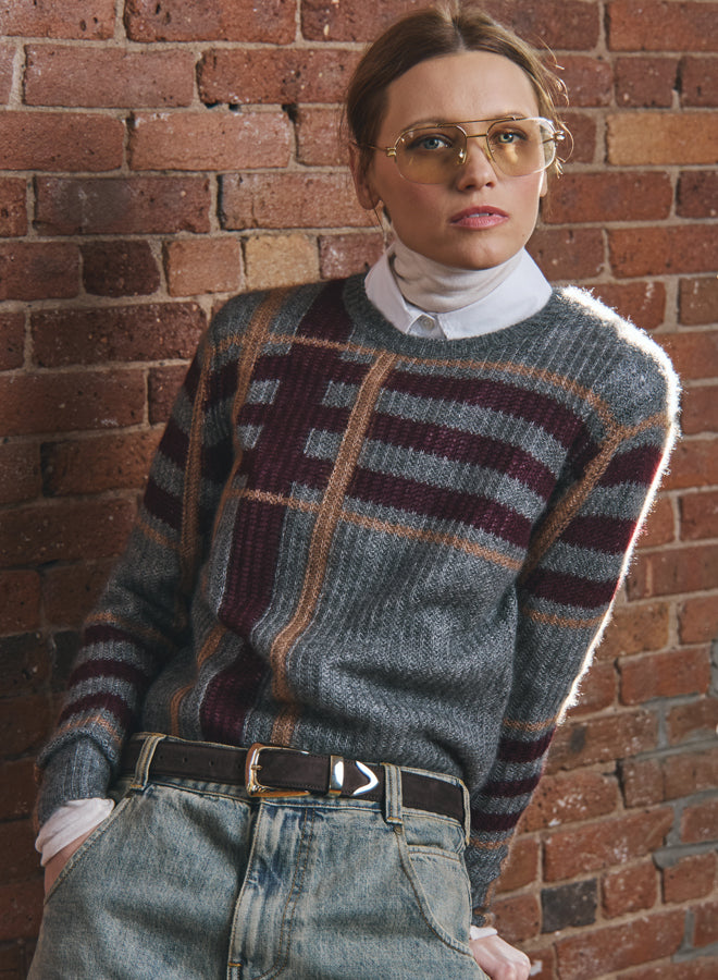 Autumn Cashmere Shaker Stitch Plaid Crew