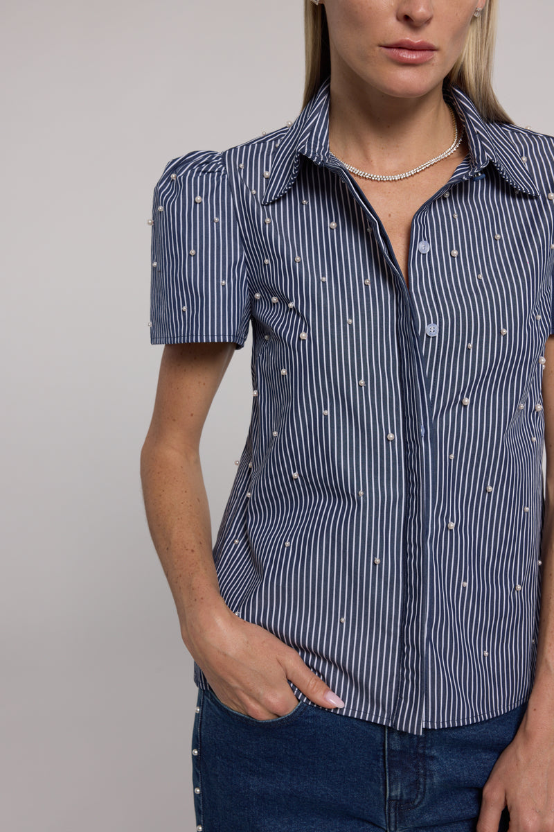 Generation Love Murphy Pearl Embellished Pinstripe Shirt